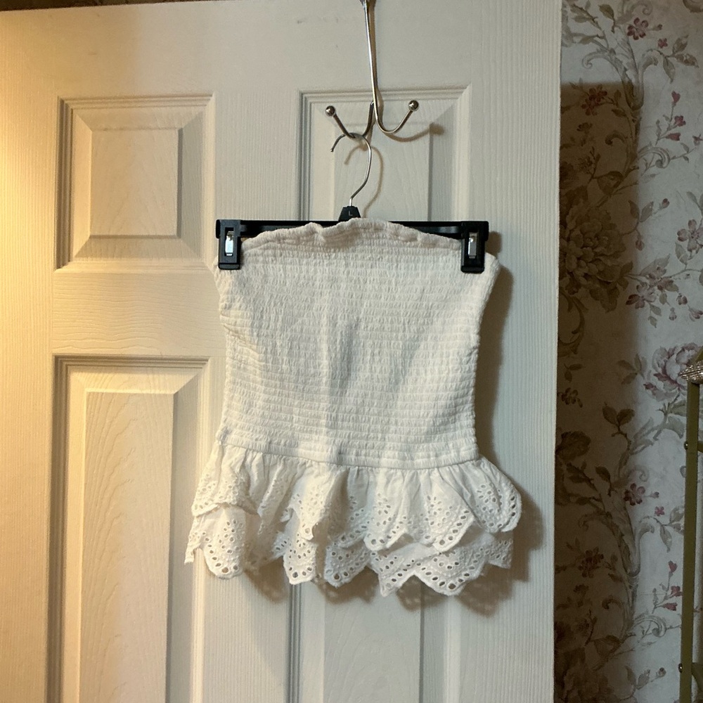 J. Crew White Smocked Strapless Top
